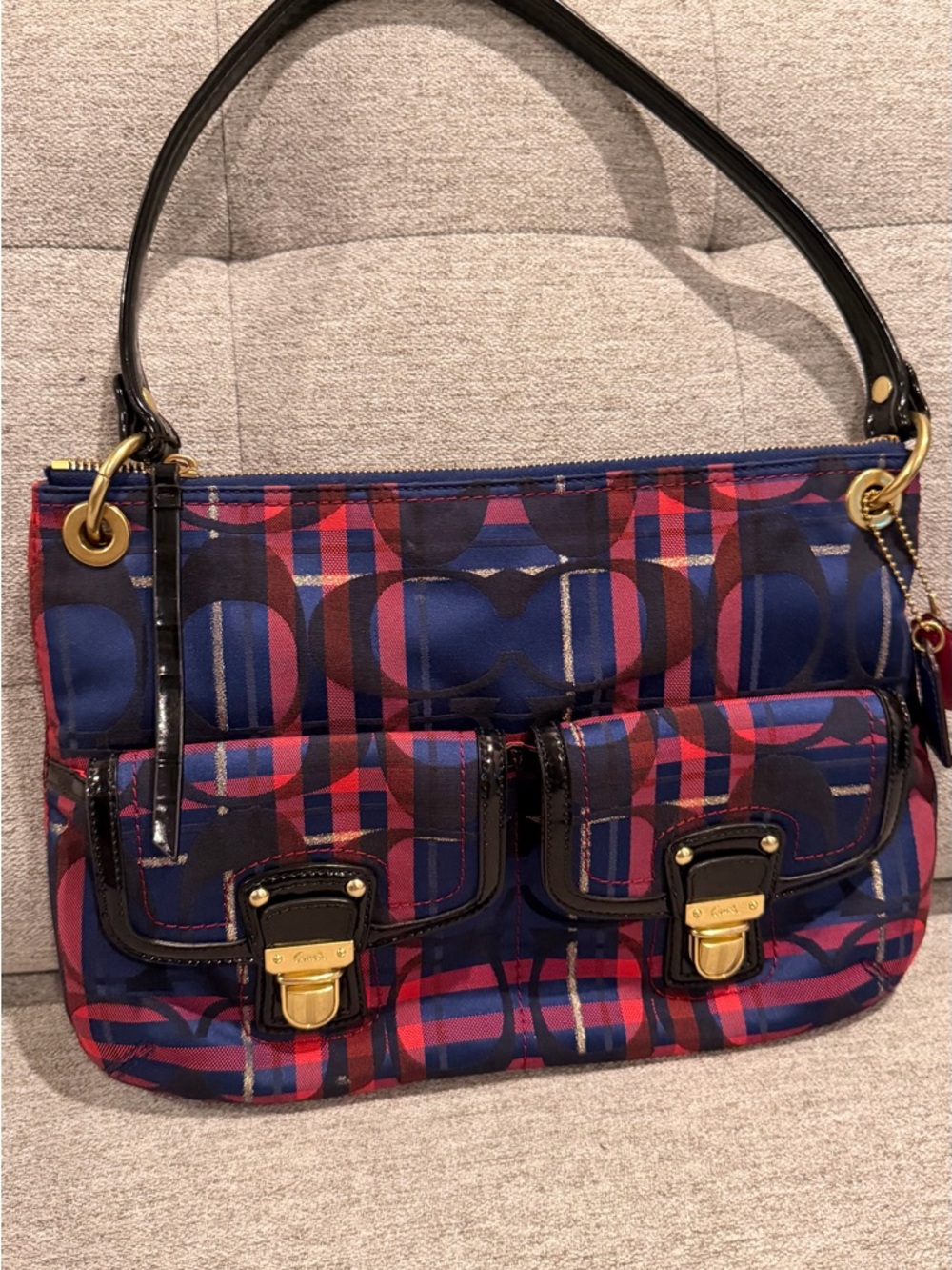 Coach Navy and Red Plaid Signature Shoulder Bag - Picture 2 of 5